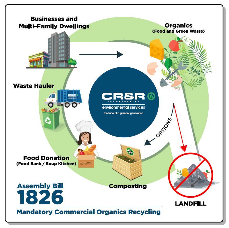 AB-1826 infographic showing Businesses and Multi-Family Dwellings product organics (food and green w